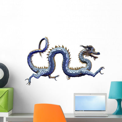 Chinese Blue Dragon Horizontal Wall Decal shown on a wall