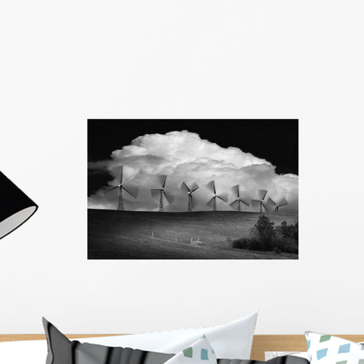 Black And White Of Wind Generators With Cloud In Background Wall Mural