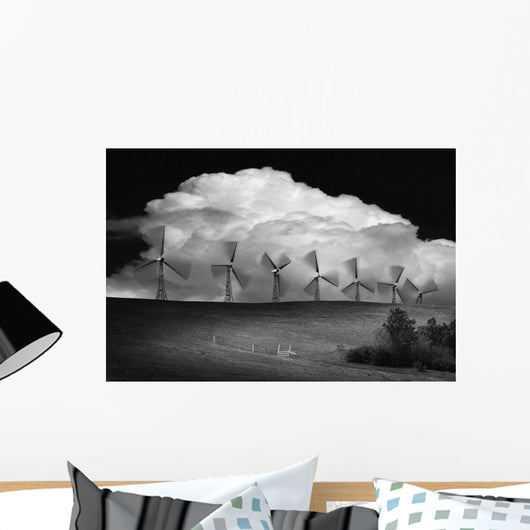 Black And White Of Wind Generators With Cloud In Background Wall Mural