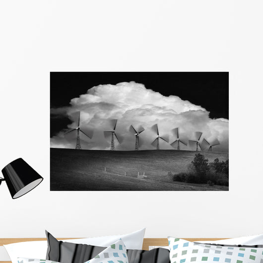 Black And White Of Wind Generators With Cloud In Background Wall Mural