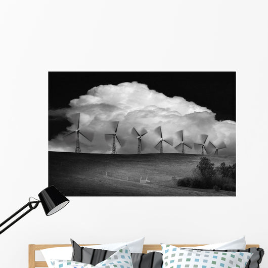 Black And White Of Wind Generators With Cloud In Background Wall Mural