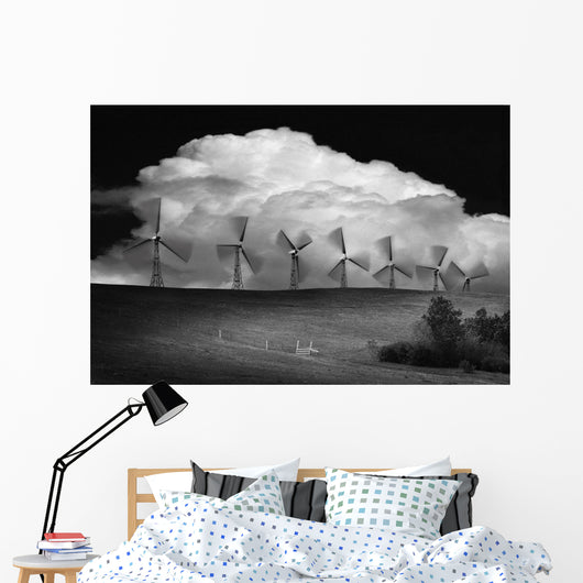 Black And White Of Wind Generators With Cloud In Background Wall Mural
