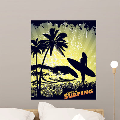 Silhouette Surfer Tropical Beach shown on a wall