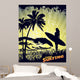 silhouette of a surfer on a tropical beach in grunge style 