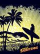 silhouette of a surfer on a tropical beach in grunge style 