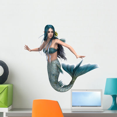 Teal Mermaid Wall Decal shown on a wall