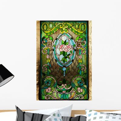 Beautiful Floral Stained-glass Window Wall Mural shown on a wall
