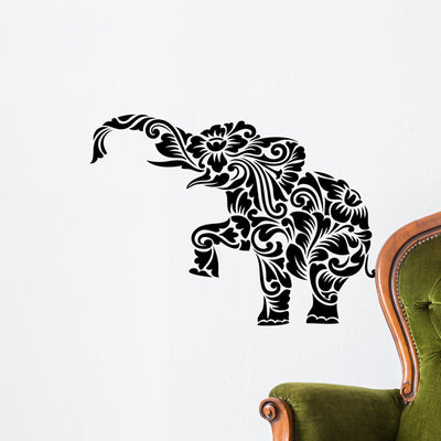 Elephant Floral Ornament Decoration Wall Decal shown on a wall