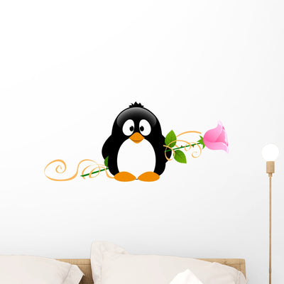 Penguin with Rose Wall Decal shown on a wall