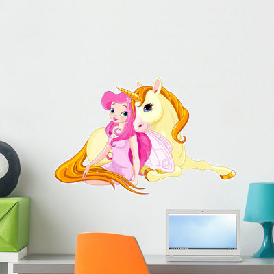 Fairy and Unicorn Wall Decal shown on a wall