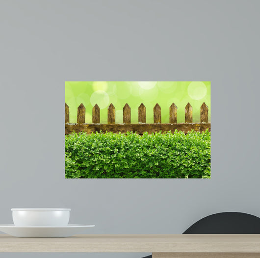 Alter Gartenzaun mit Buchsbaumhecke und Bokehhintergrund Wall Mural