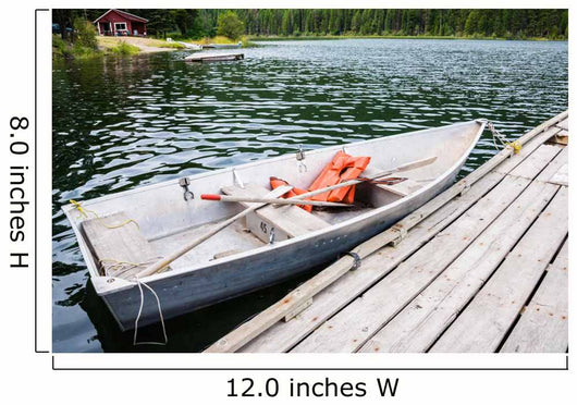 Old Row Boat  with Lifejackets Moored to Dock in Lake 