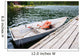 Old Row Boat  with Lifejackets Moored to Dock in Lake 