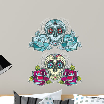 Sugar Skull with Roses Wall Decal Sticker Set shown on a wall