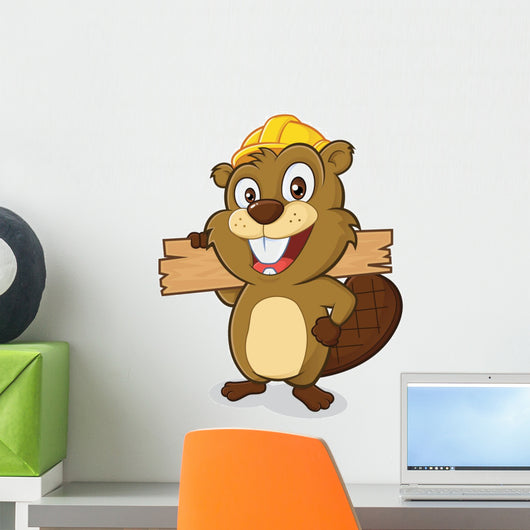 Beaver wearing a hard hat and holding a plank of wood Wall Decal