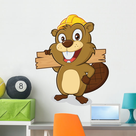 Beaver wearing a hard hat and holding a plank of wood Wall Decal