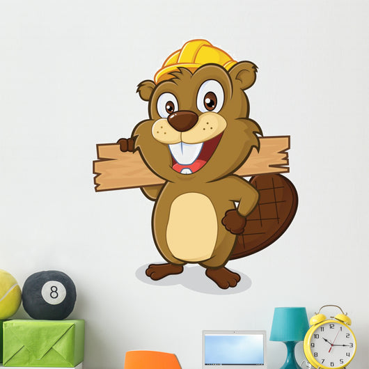 Beaver wearing a hard hat and holding a plank of wood Wall Decal