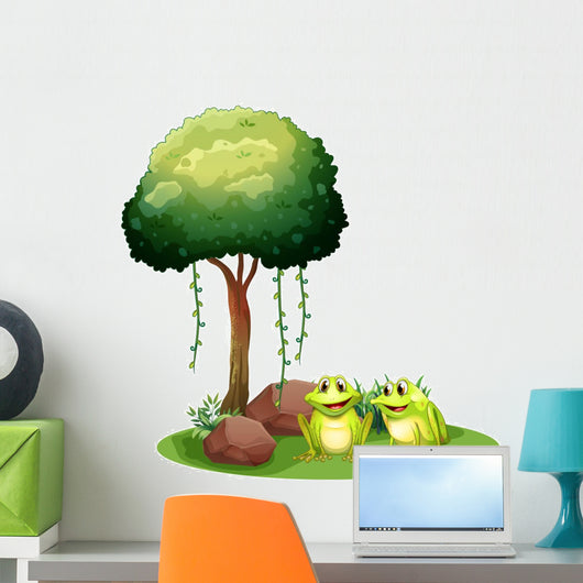 Two Smiling Frogs Beside the Tree 