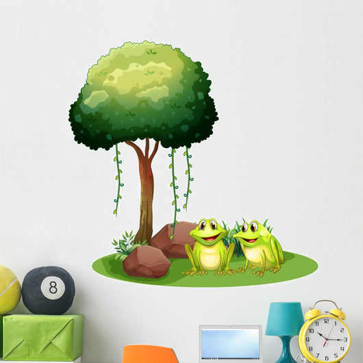Two Smiling Frogs Beside the Tree 