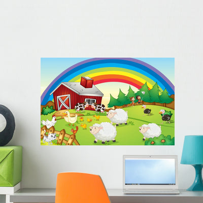 Farm with Many Animals Wall Mural shown on a wall