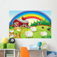 A farm with many animals and a rainbow in the sky Wall Mural