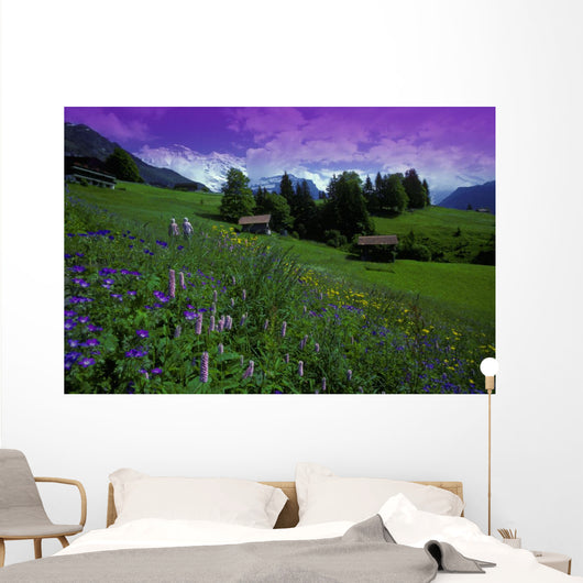 Old Couple By Mountainside Cottages Wall Mural