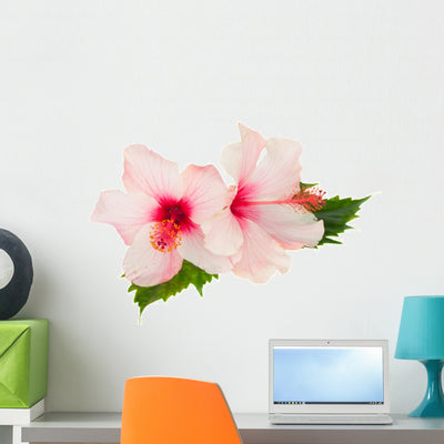 Two Pink Hibiscus Flowers Wall Decal shown on a wall