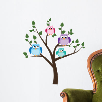Owls Sitting Tree Wall Decal shown on a wall