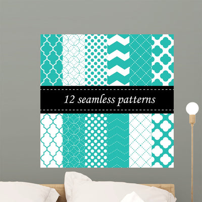 Twelve Seamless Geometric Patterns Wall Decal shown on a wall