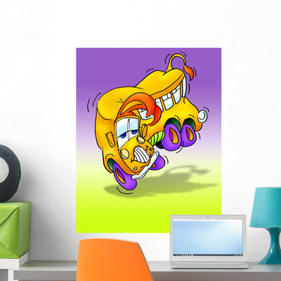 Happy Dancing School Bus Wall Mural shown on a wall