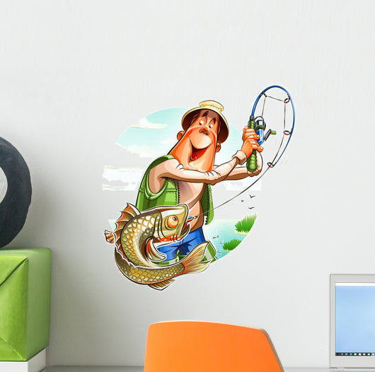 Fisherman and fish. Eps10 vector illustration. Isolated on Wall Decal