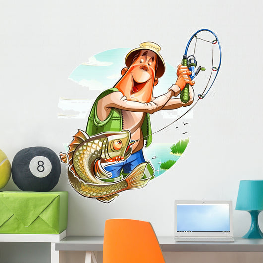 Fisherman and fish. Eps10 vector illustration. Isolated on Wall Decal