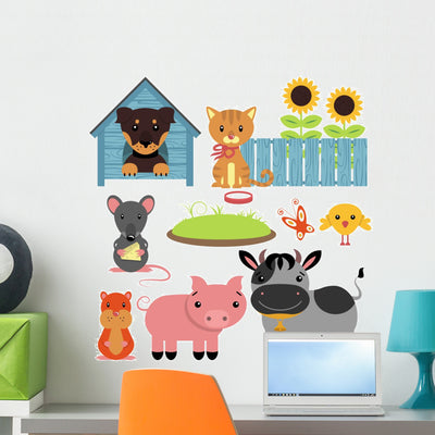 Set Cute Domestic Animals Wall Decal shown on a wall
