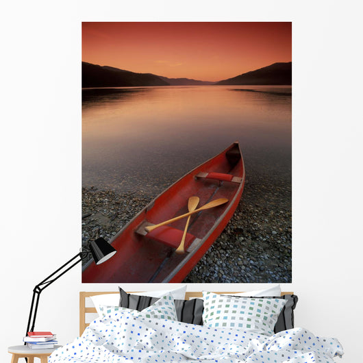 Canoe At Edge Of Mountain Lake, Shuswap, British Columbia, Canada Wall Mural