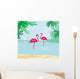 illustration with green palms and pink flamingo Wall Mural