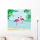 illustration with green palms and pink flamingo Wall Mural