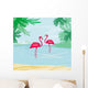 illustration with green palms and pink flamingo Wall Mural