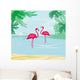 illustration with green palms and pink flamingo Wall Mural