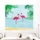illustration with green palms and pink flamingo Wall Mural