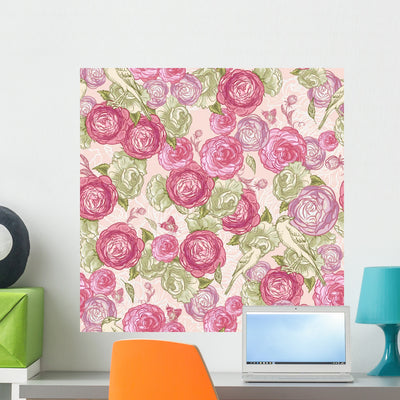 Rose Seamless with Birds Wall Decal shown on a wall