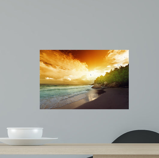 sunset on Seychelles beach, La Digue island 