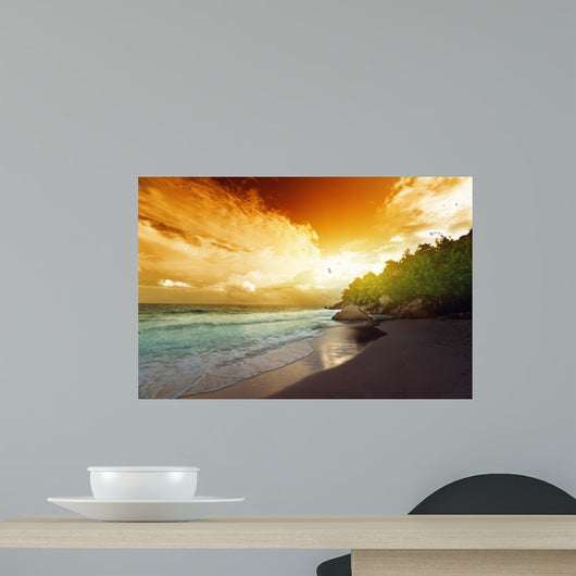 sunset on Seychelles beach, La Digue island 