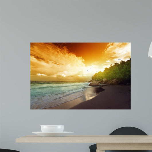 sunset on Seychelles beach, La Digue island 