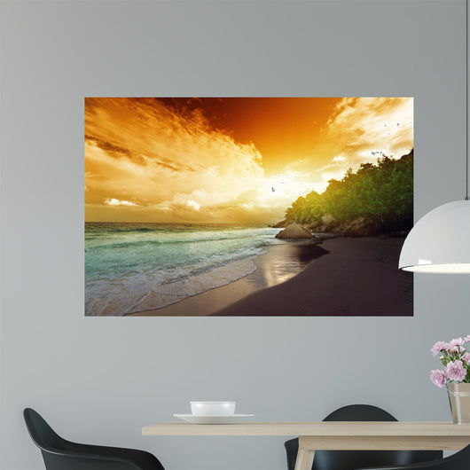 sunset on Seychelles beach, La Digue island 