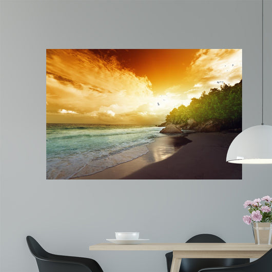 sunset on Seychelles beach, La Digue island 