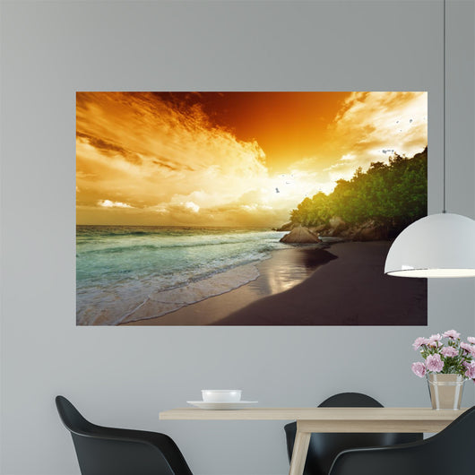 sunset on Seychelles beach, La Digue island 