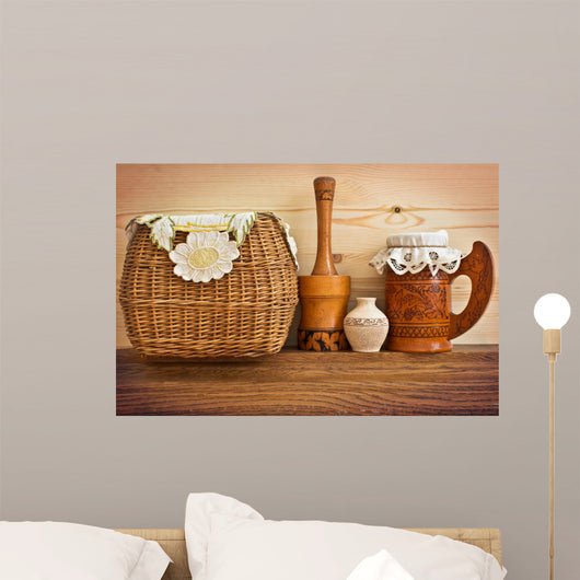 Wicker and wooden utensils in folk style 