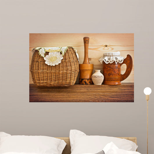 Wicker and wooden utensils in folk style 