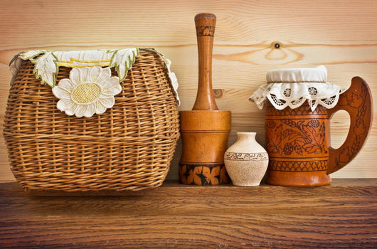 Wicker and wooden utensils in folk style 