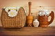 Wicker and wooden utensils in folk style 